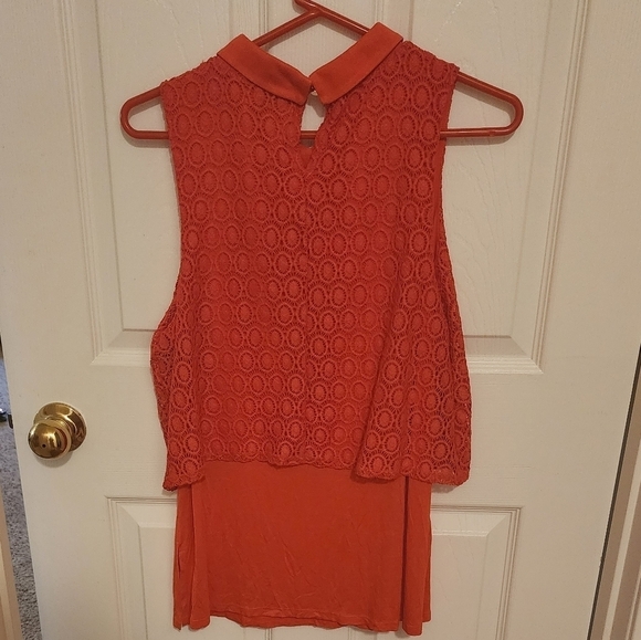 ELLE Orange Collared Lace Overlay Sleeveless Collared Blouse Size M - Picture 6 of 10